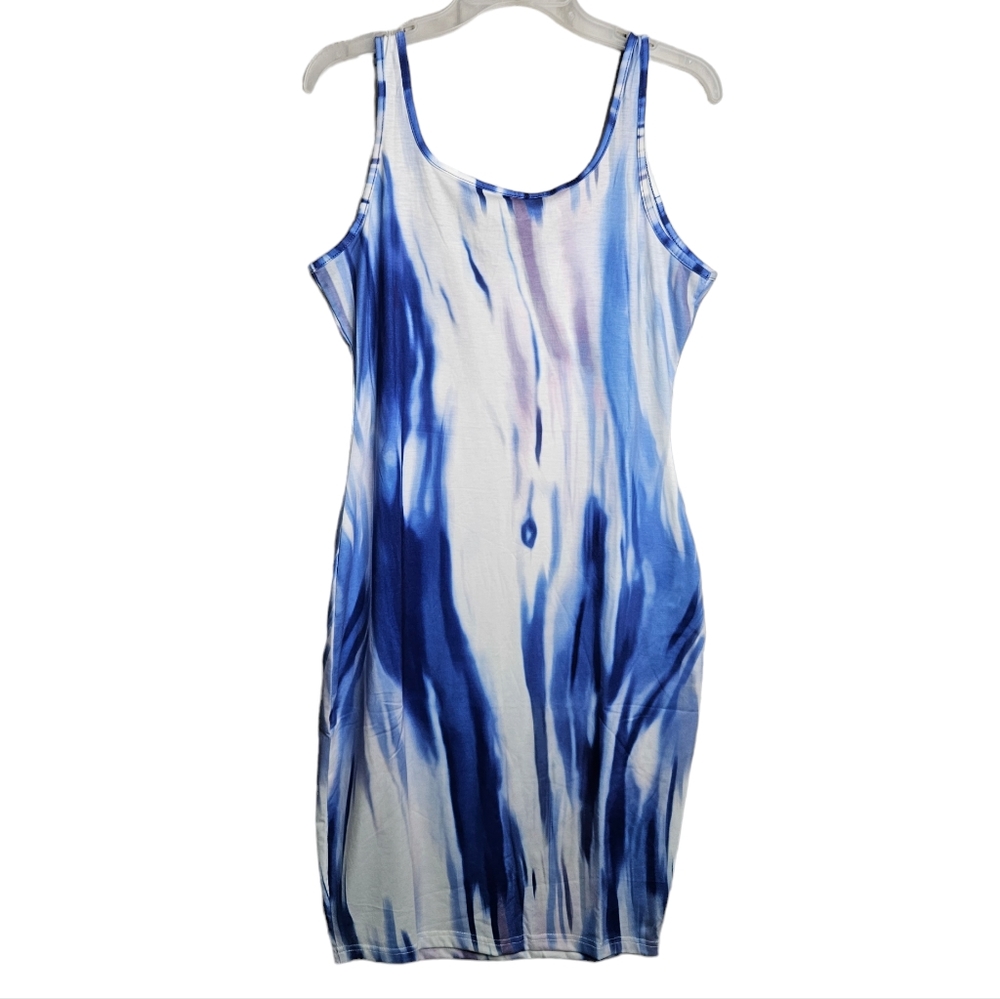 Women's Blue Purple Tie Dye Scoop Neck Tank Top Bodycon Dress NWOT Size Large - Picture 1 of 8